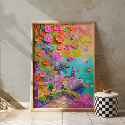 Premium Poster of Vibrant Coastal Town Oil Painting Art Posters