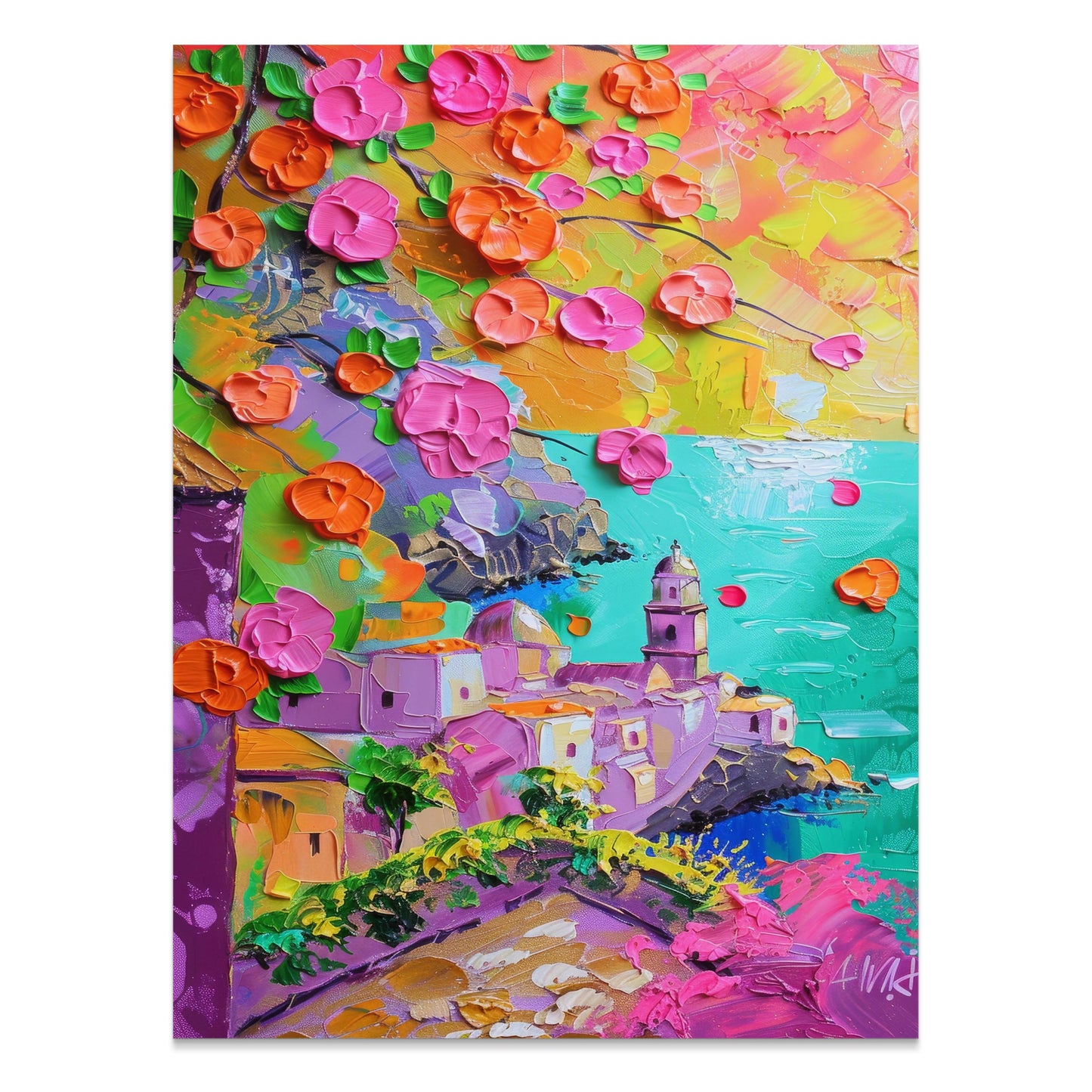 Premium Poster of Vibrant Coastal Town Oil Painting Art Posters