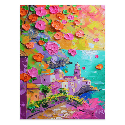 Premium Poster of Vibrant Coastal Town Oil Painting Art Posters