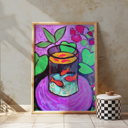 Framed vibrant fish aquarium poster in Matisse style displayed against a textured wall, showcasing bold colors and modern design.