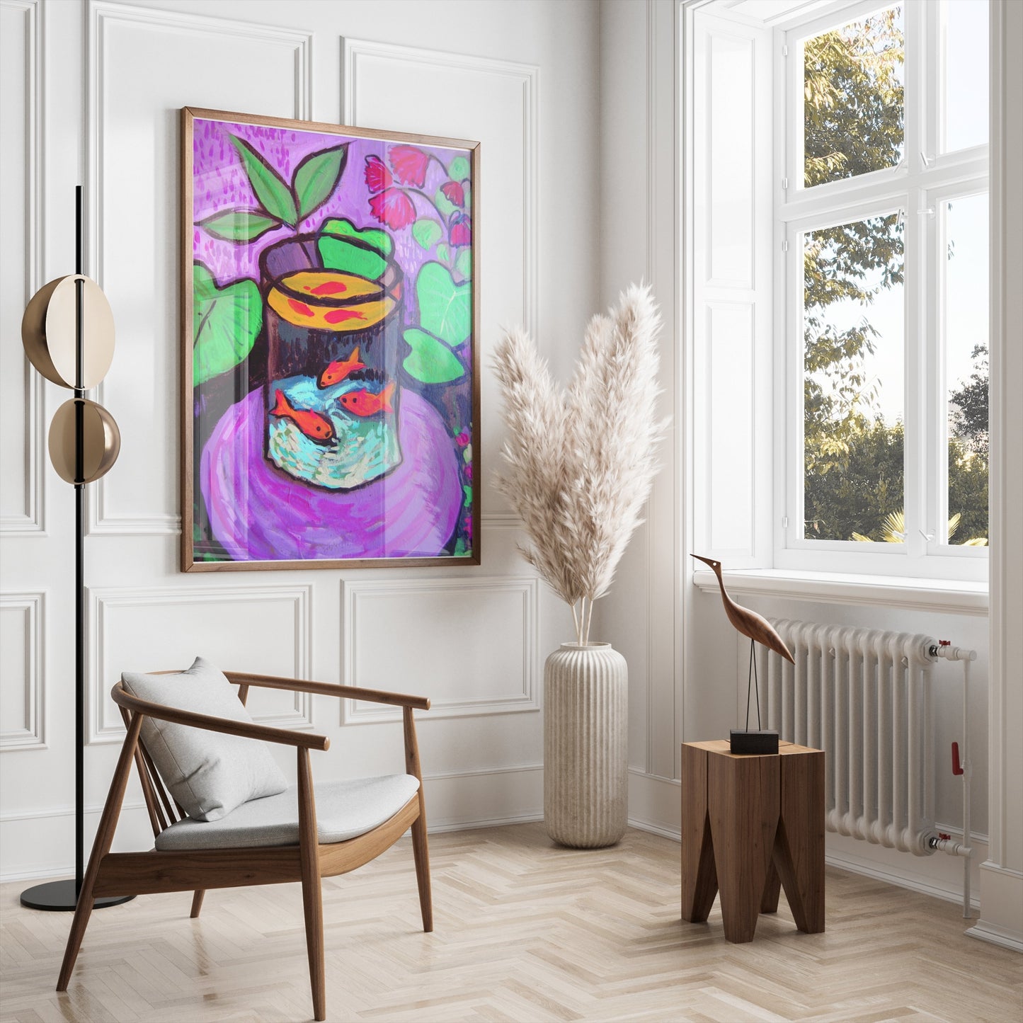 Matisse-inspired vibrant art poster of a fish aquarium in a modern living room with minimalist decor and natural lighting.