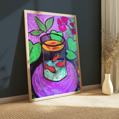 Framed fish bowl art poster leaning against a dark wall, highlighting bold colors and a modern design with nature-inspired elements.