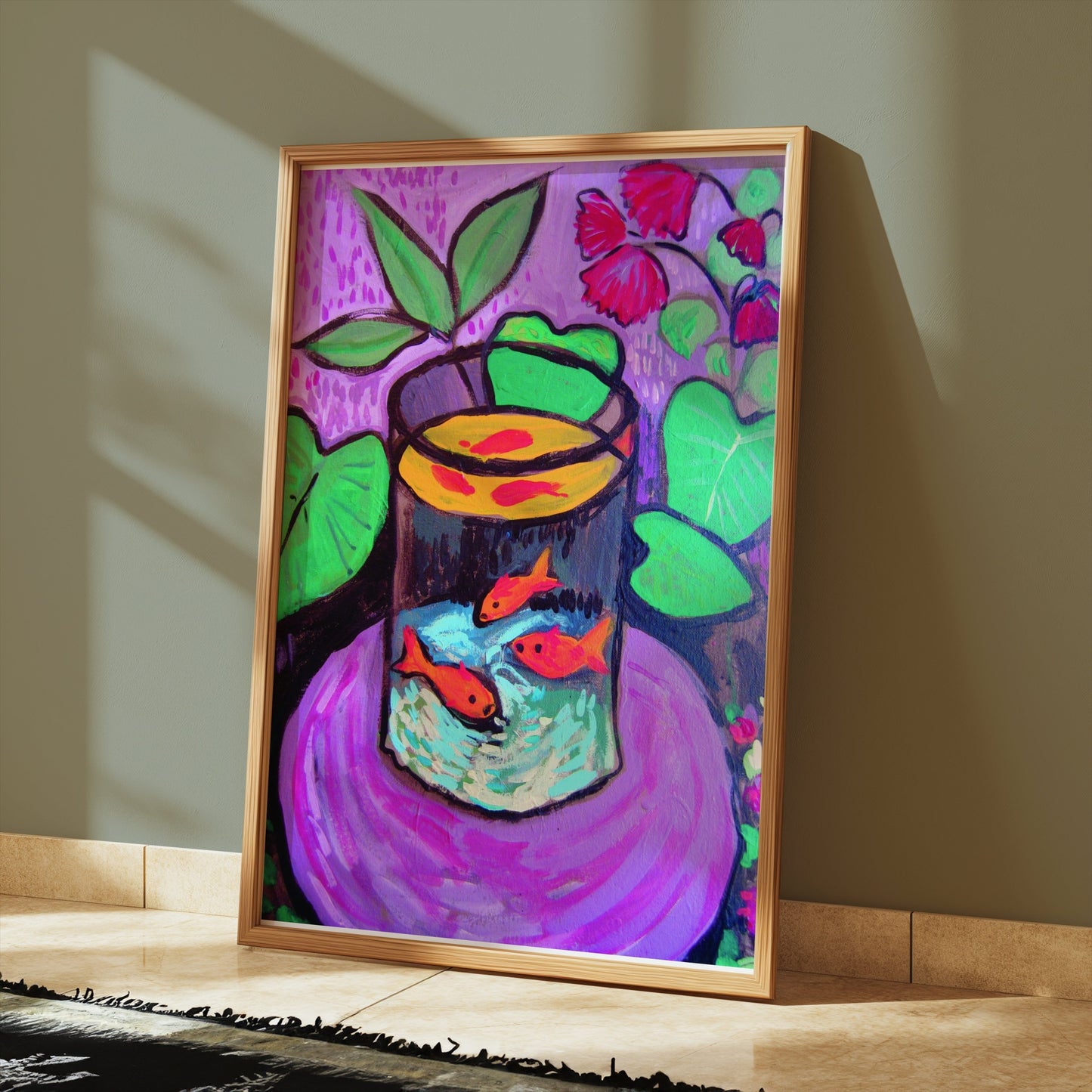 Vibrant fish aquarium poster in a wooden frame, placed on a tiled floor with soft lighting, showcasing bold and colorful artwork.