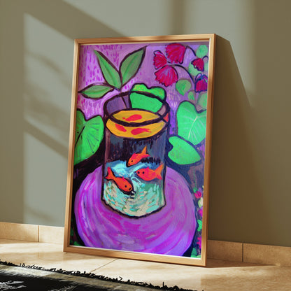 Vibrant fish aquarium poster in a wooden frame, placed on a tiled floor with soft lighting, showcasing bold and colorful artwork.