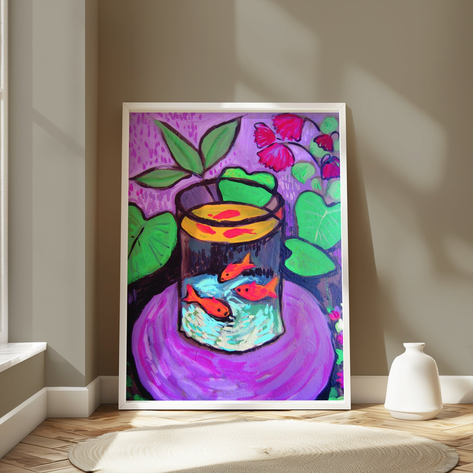 Vibrant fish aquarium poster in a white frame, placed in a sunlit corner, showcasing bold colors and modern plant-inspired art.