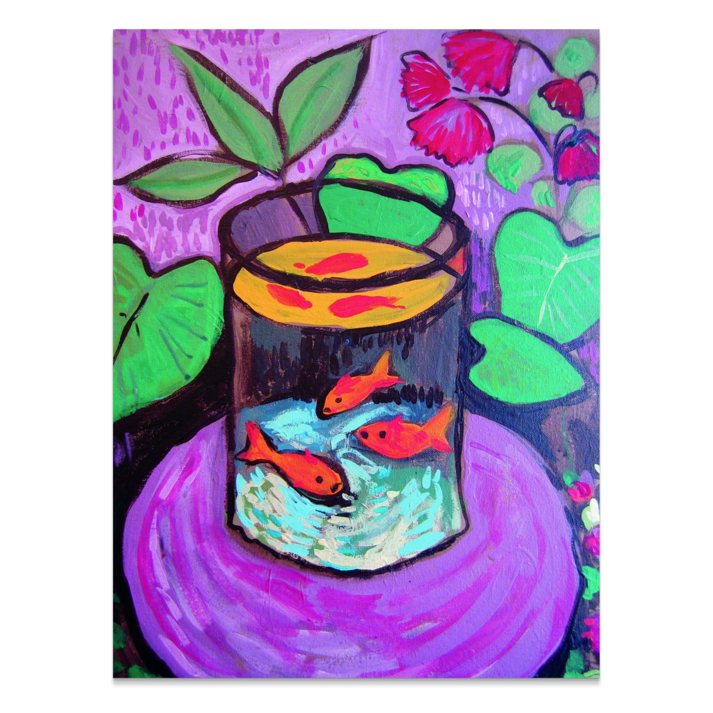 Matisse-inspired poster featuring a vibrant fish aquarium in a glass tank with bold colors, surrounded by lush green leaves and red flowers.