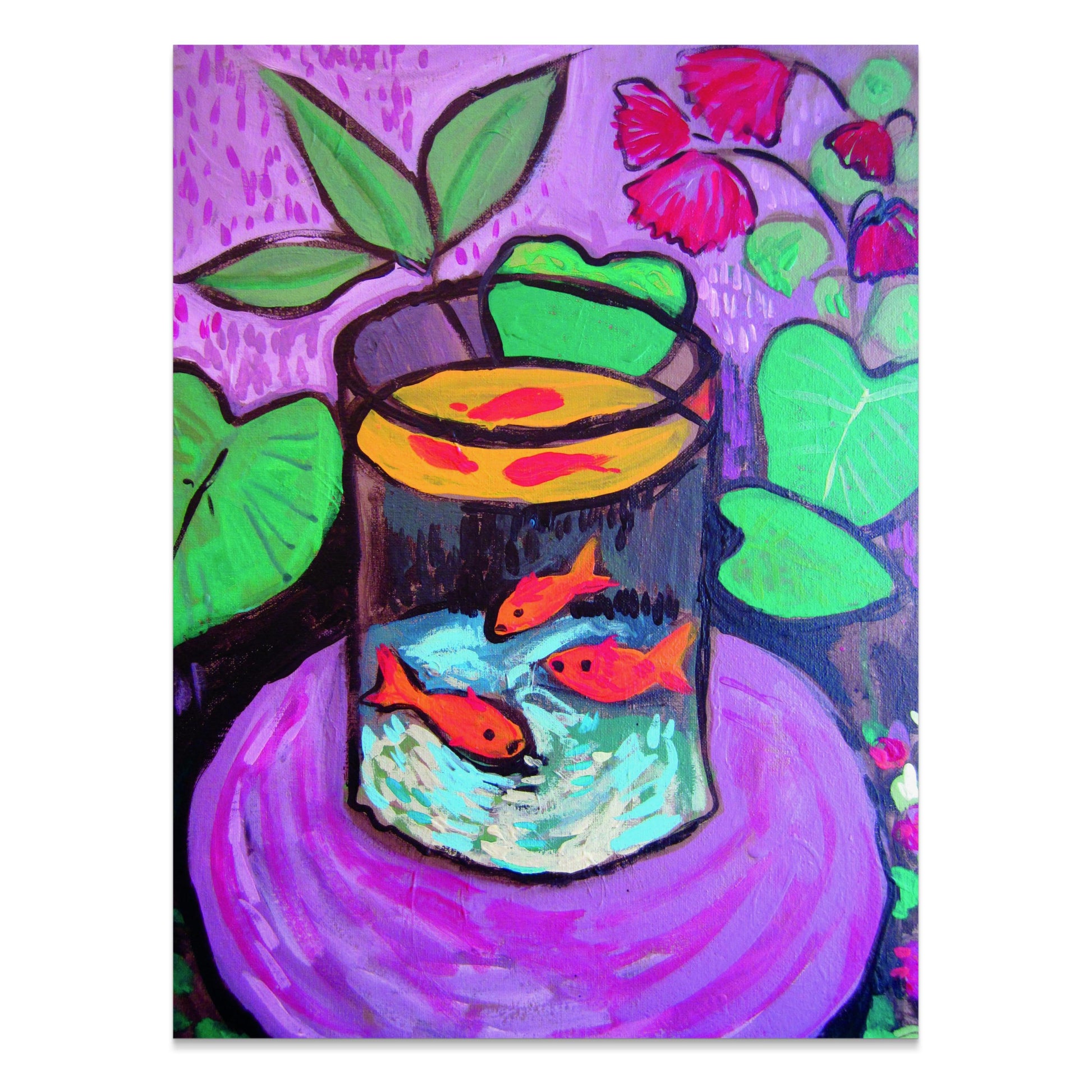 Matisse-inspired poster featuring a vibrant fish aquarium in a glass tank with bold colors, surrounded by lush green leaves and red flowers.