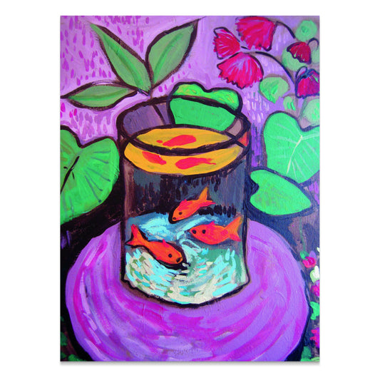 Matisse-inspired poster featuring a vibrant fish aquarium in a glass tank with bold colors, surrounded by lush green leaves and red flowers.