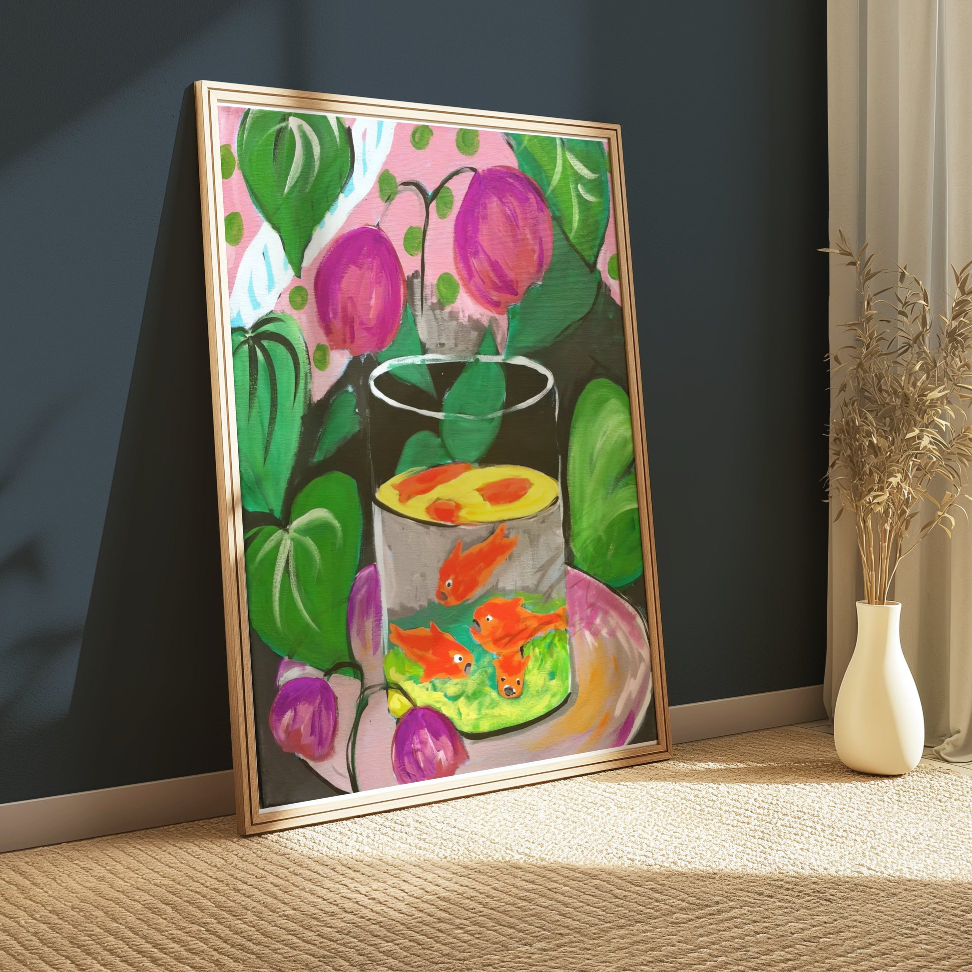 Premium Poster of Vibrant Fish in Glass Bowl Artwork with Foliage Posters