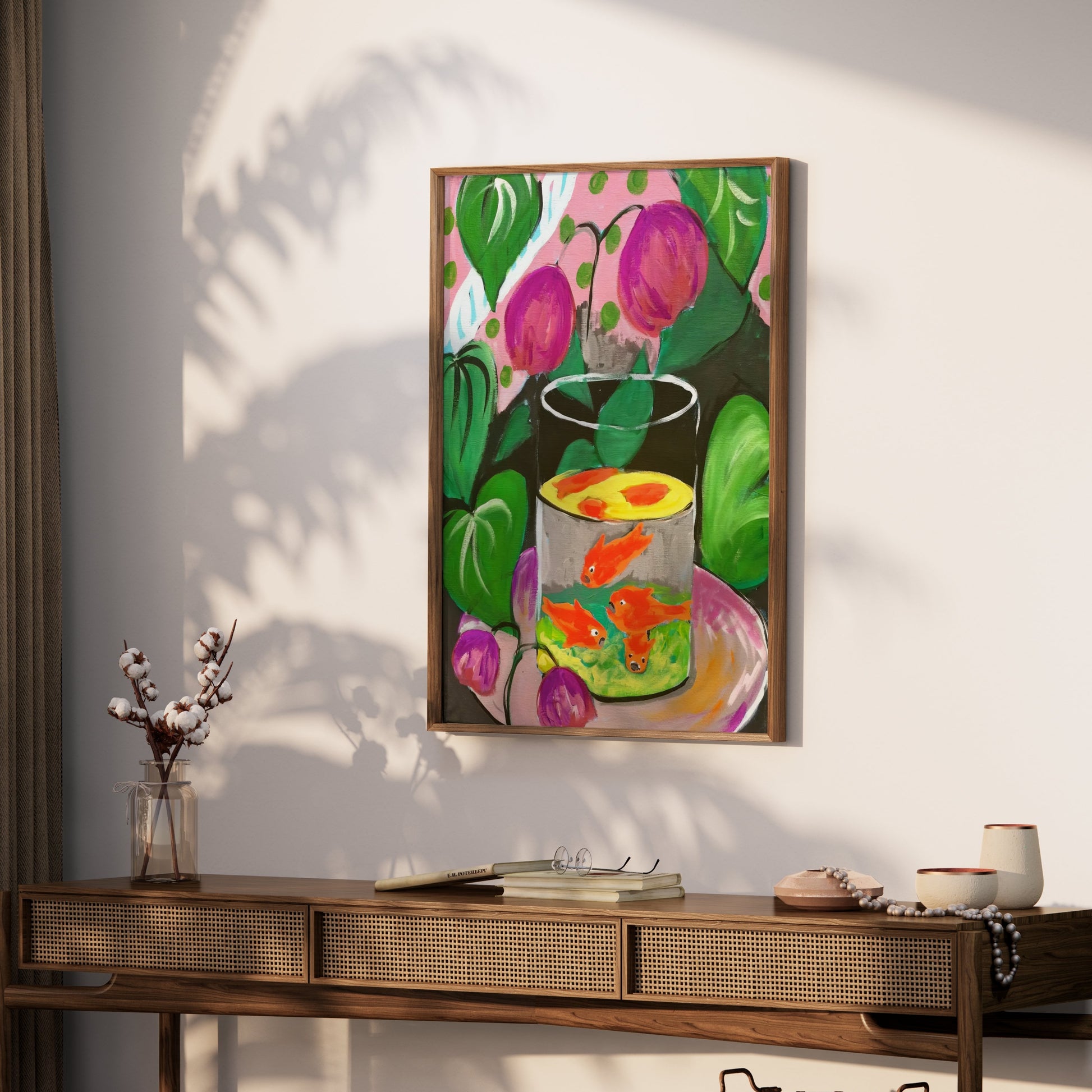 Premium Poster of Vibrant Fish in Glass Bowl Artwork with Foliage Posters