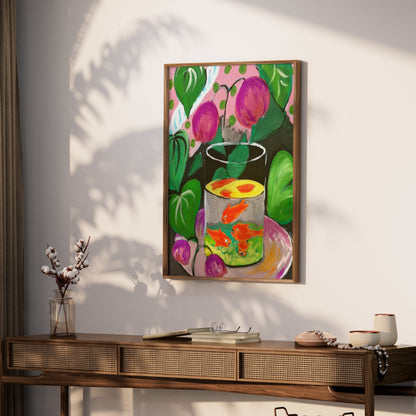 Premium Poster of Vibrant Fish in Glass Bowl Artwork with Foliage Posters
