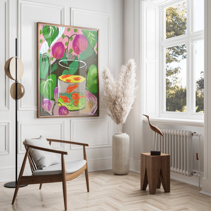 Premium Poster of Vibrant Fish in Glass Bowl Artwork with Foliage Posters