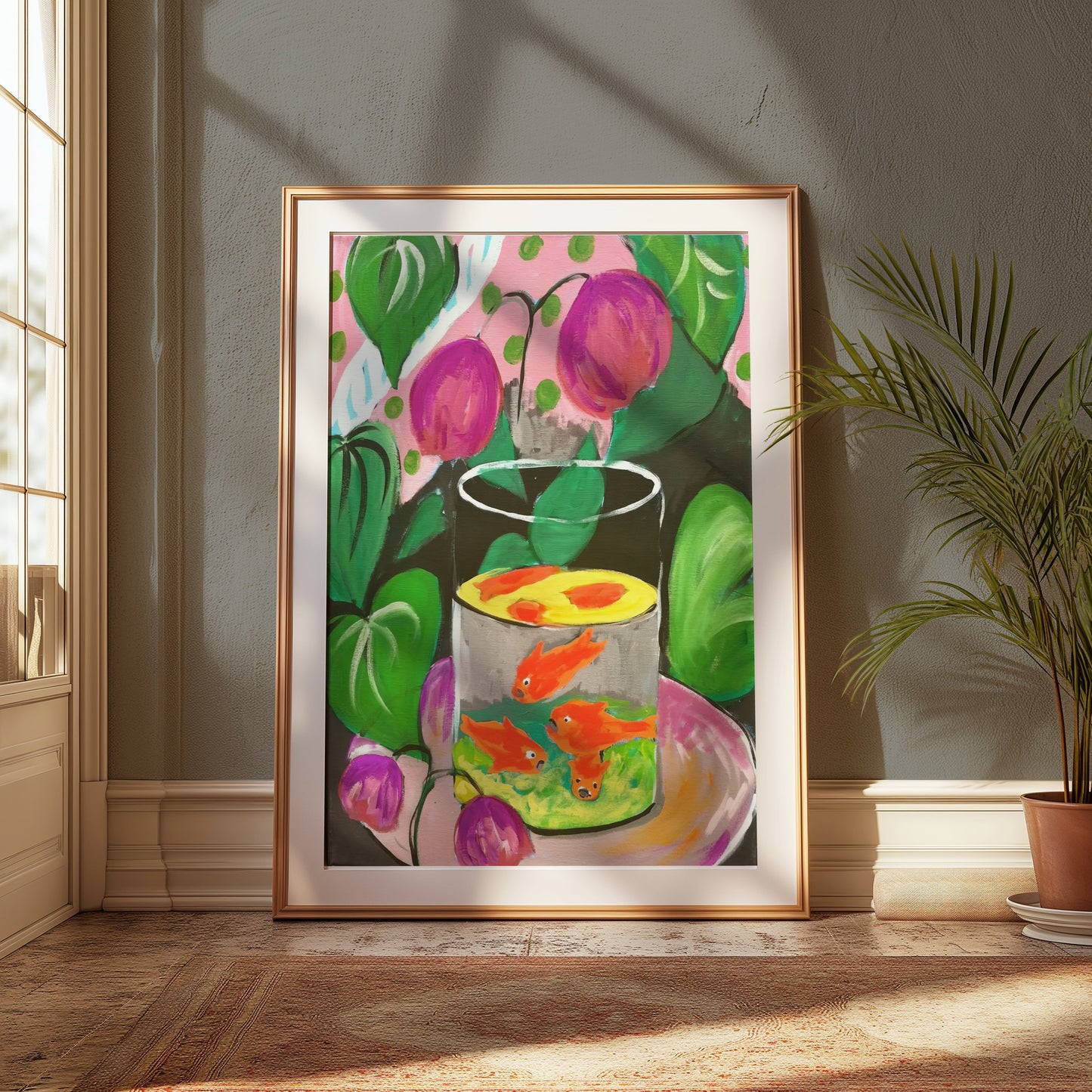 Premium Poster of Vibrant Fish in Glass Bowl Artwork with Foliage Posters
