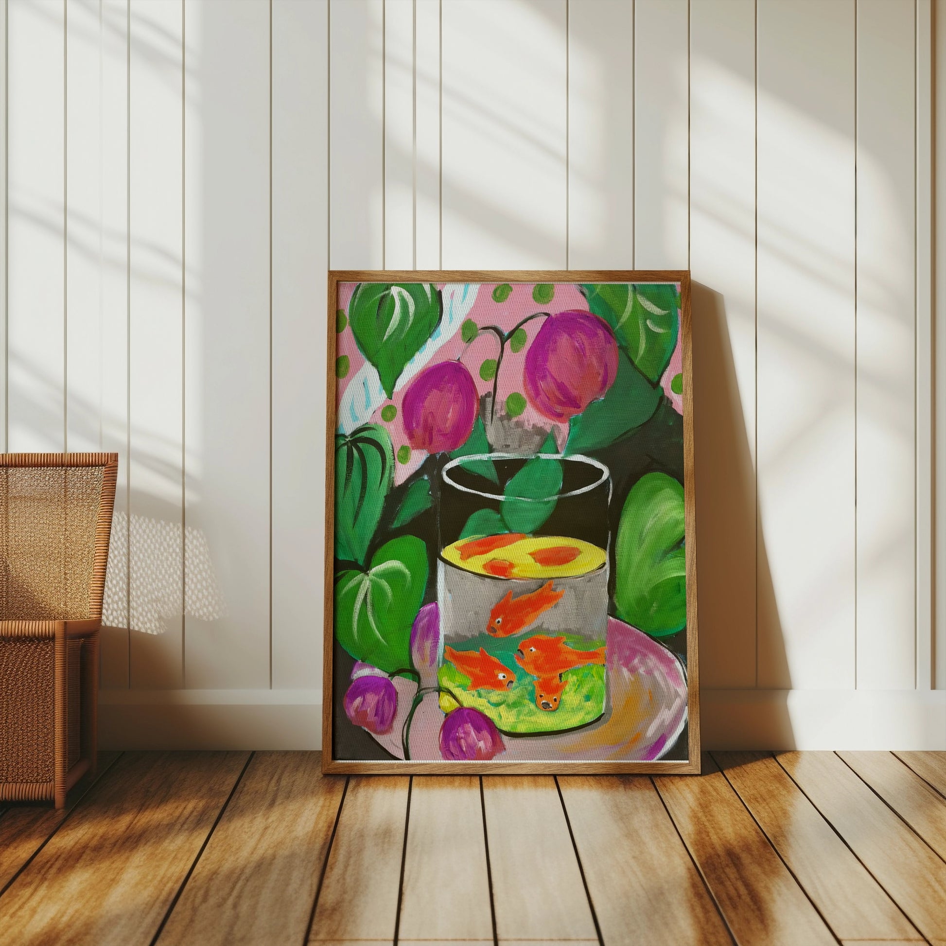 Premium Poster of Vibrant Fish in Glass Bowl Artwork with Foliage Posters