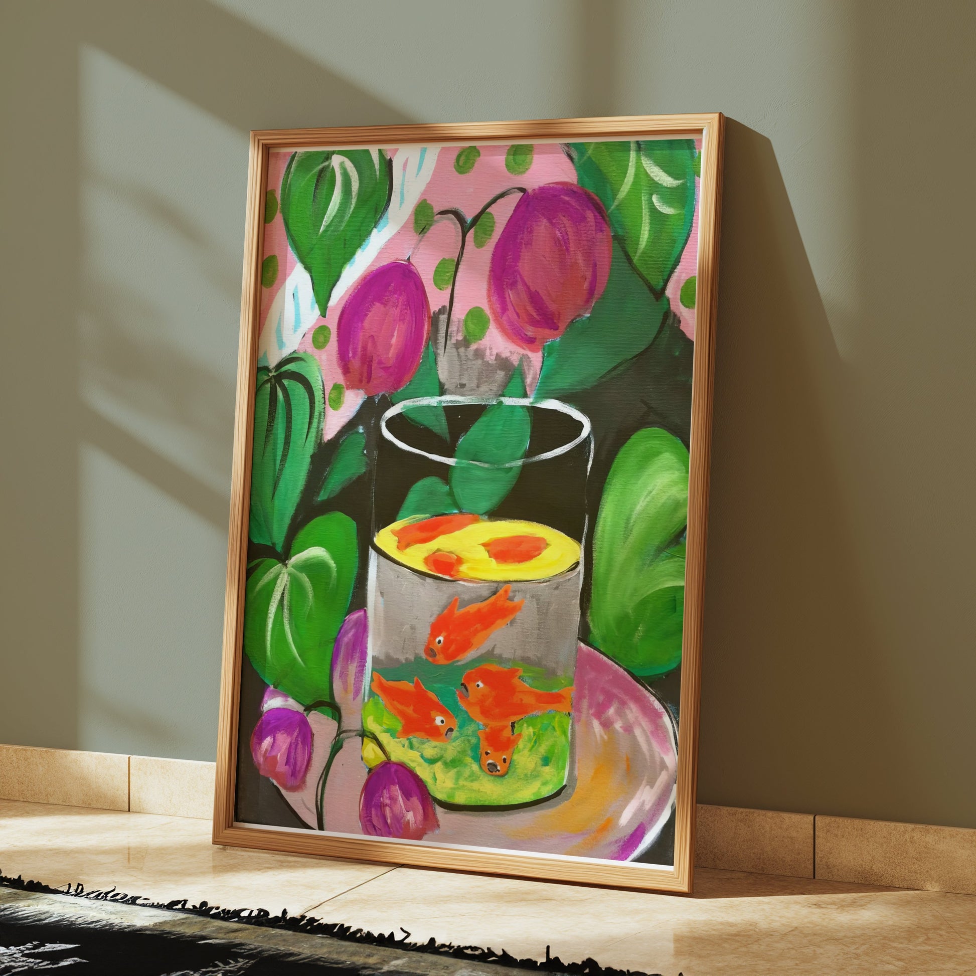Premium Poster of Vibrant Fish in Glass Bowl Artwork with Foliage Posters
