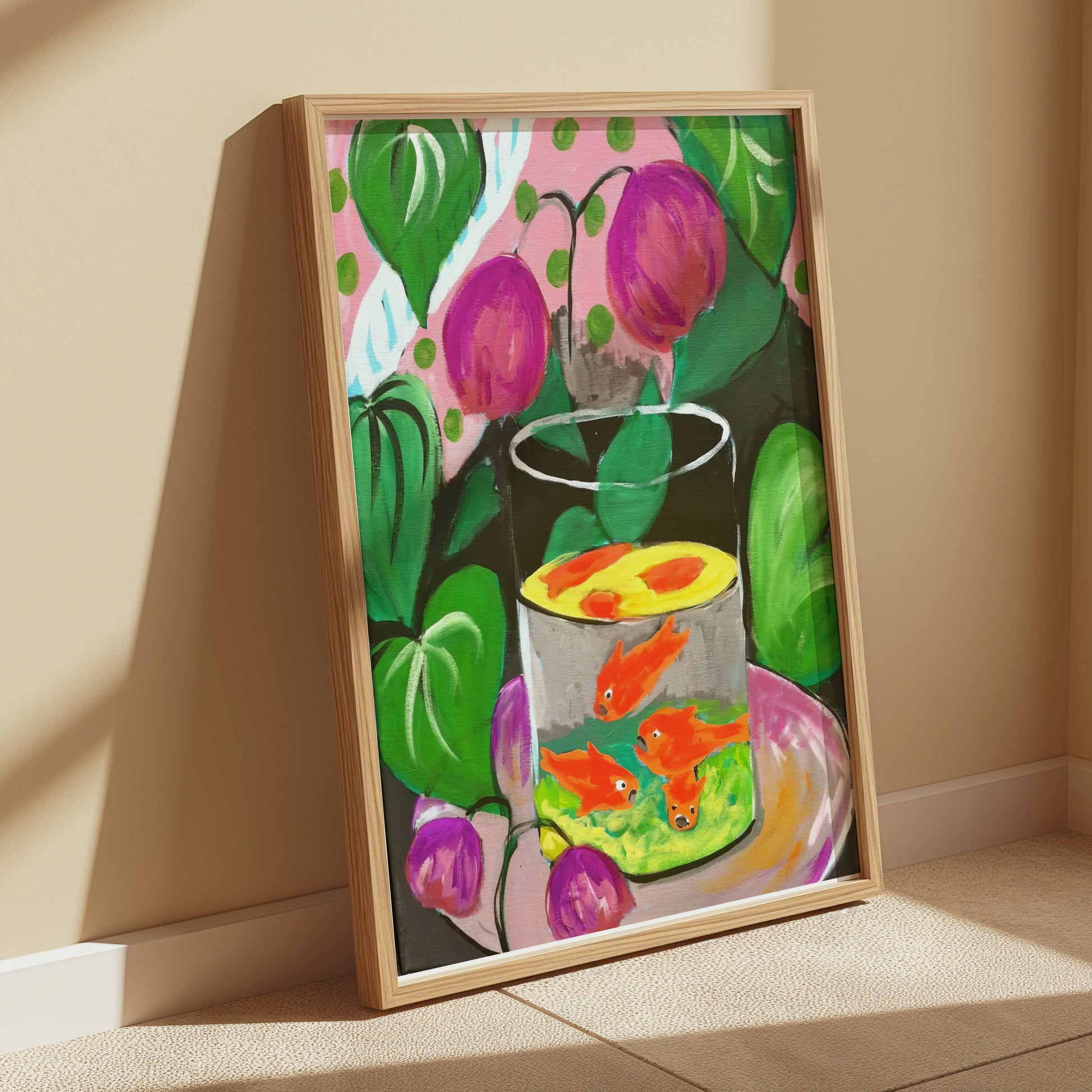Premium Poster of Vibrant Fish in Glass Bowl Artwork with Foliage Posters
