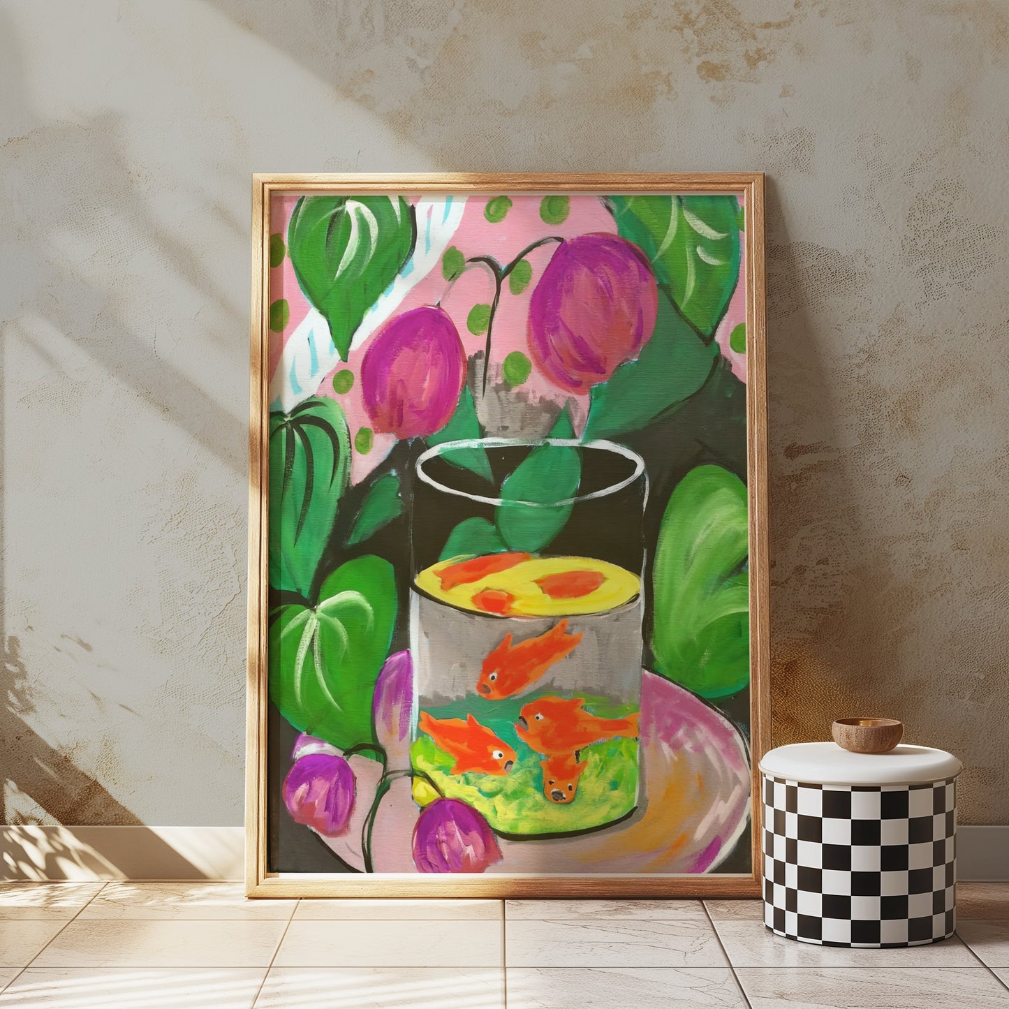 Premium Poster of Vibrant Fish in Glass Bowl Artwork with Foliage Posters