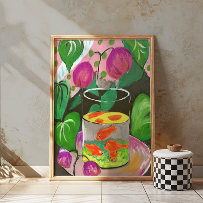 Premium Poster of Vibrant Fish in Glass Bowl Artwork with Foliage Posters