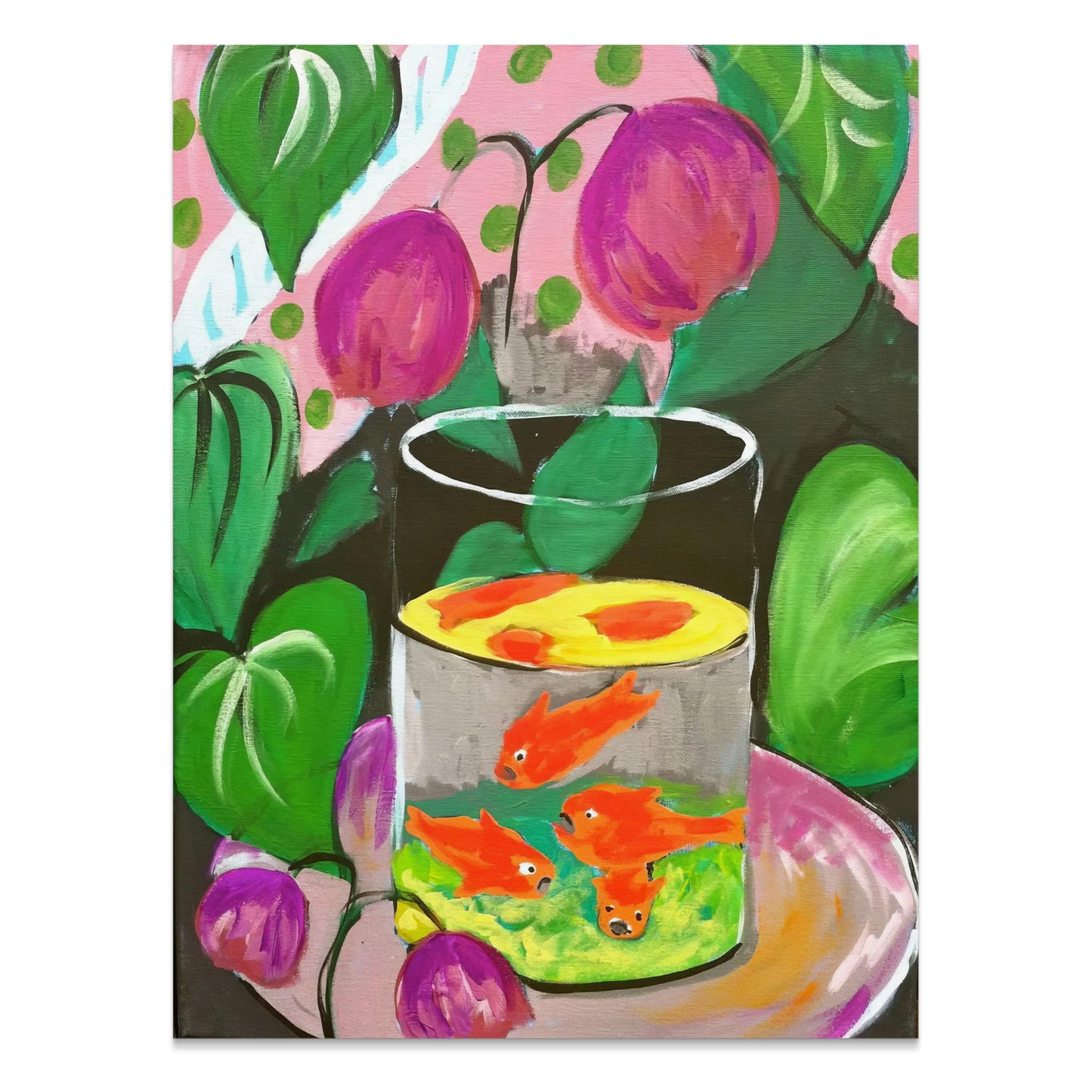 Premium Poster of Vibrant Fish in Glass Bowl Artwork with Foliage Posters