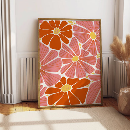 Premium Poster of Vibrant Floral Pattern with Pink and Orange Details Posters