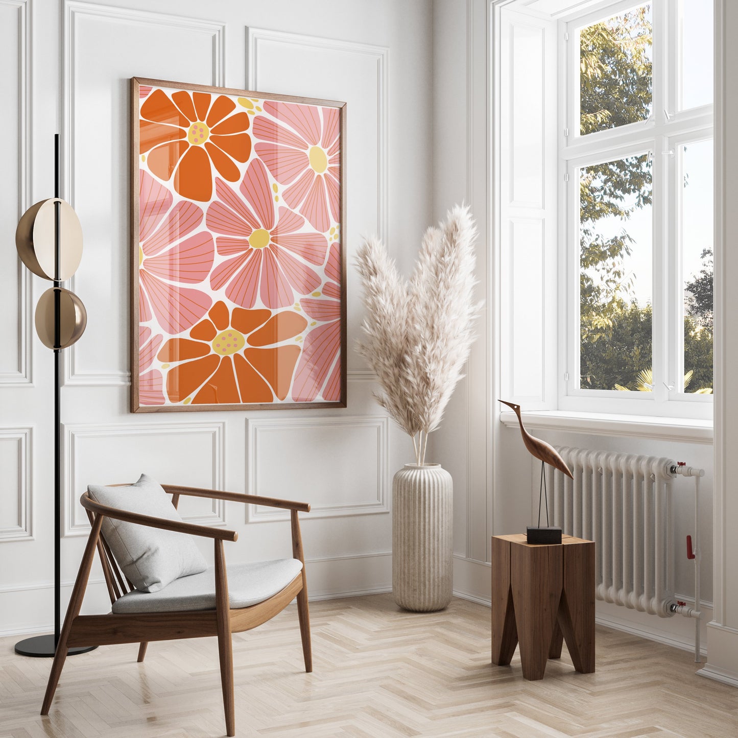 Premium Poster of Vibrant Floral Pattern with Pink and Orange Details Posters