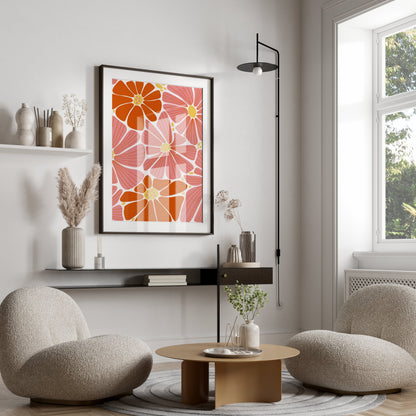 Premium Poster of Vibrant Floral Pattern with Pink and Orange Details Posters