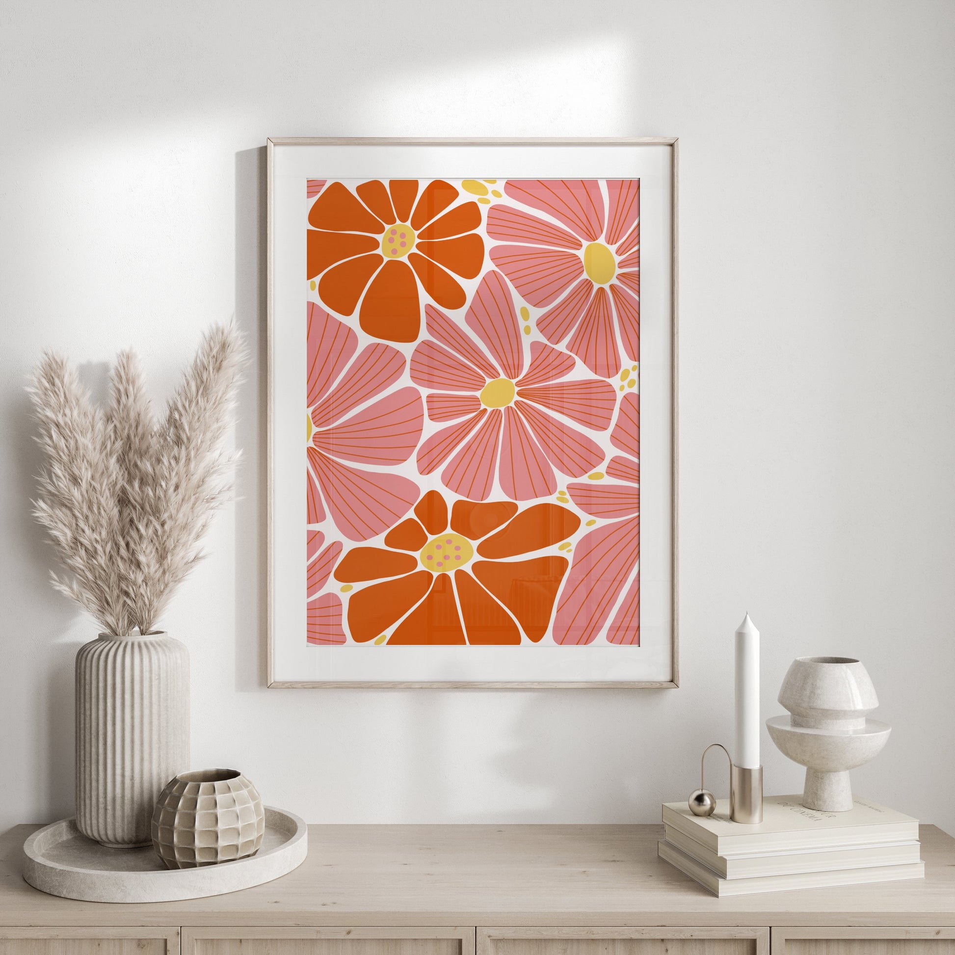 Premium Poster of Vibrant Floral Pattern with Pink and Orange Details Posters