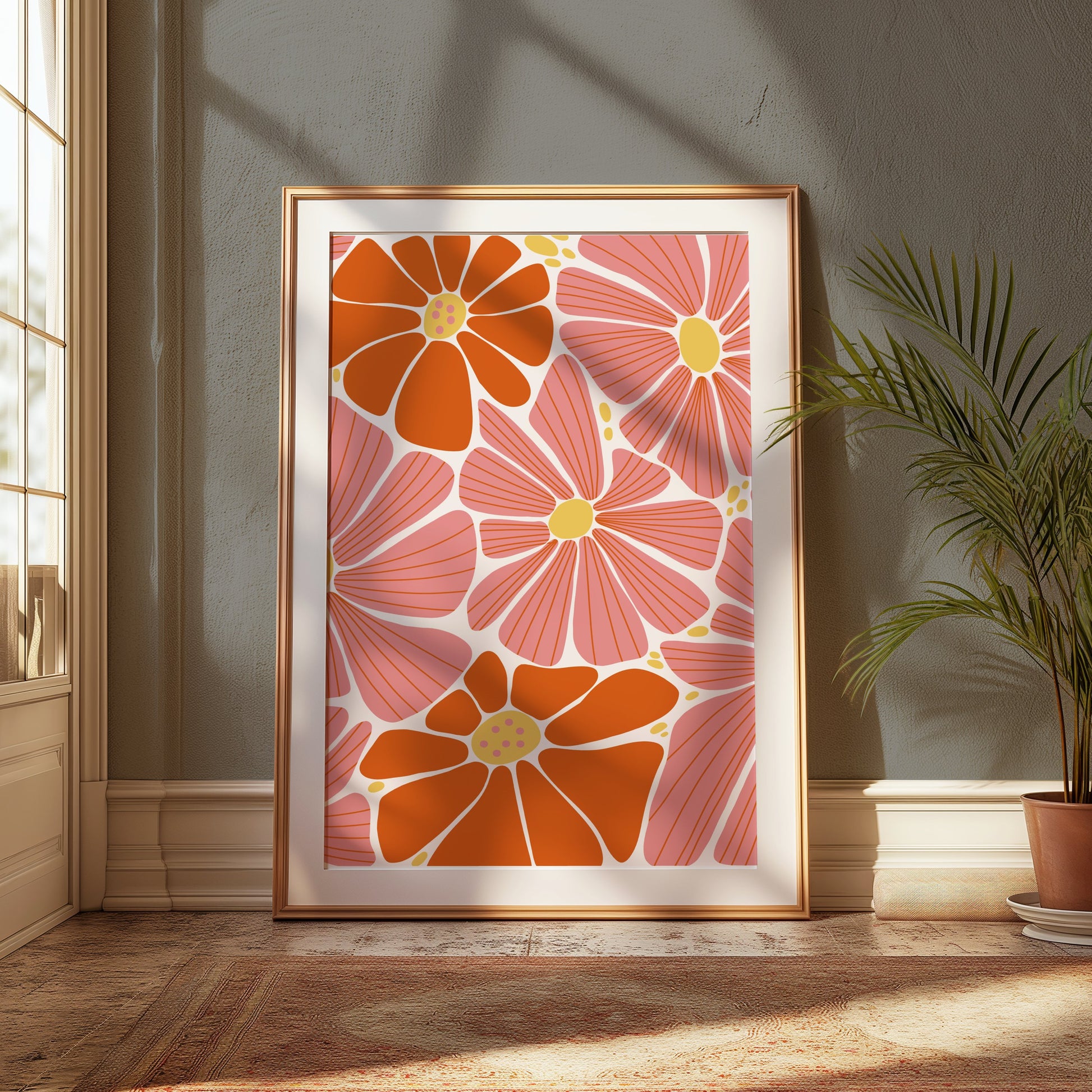 Premium Poster of Vibrant Floral Pattern with Pink and Orange Details Posters