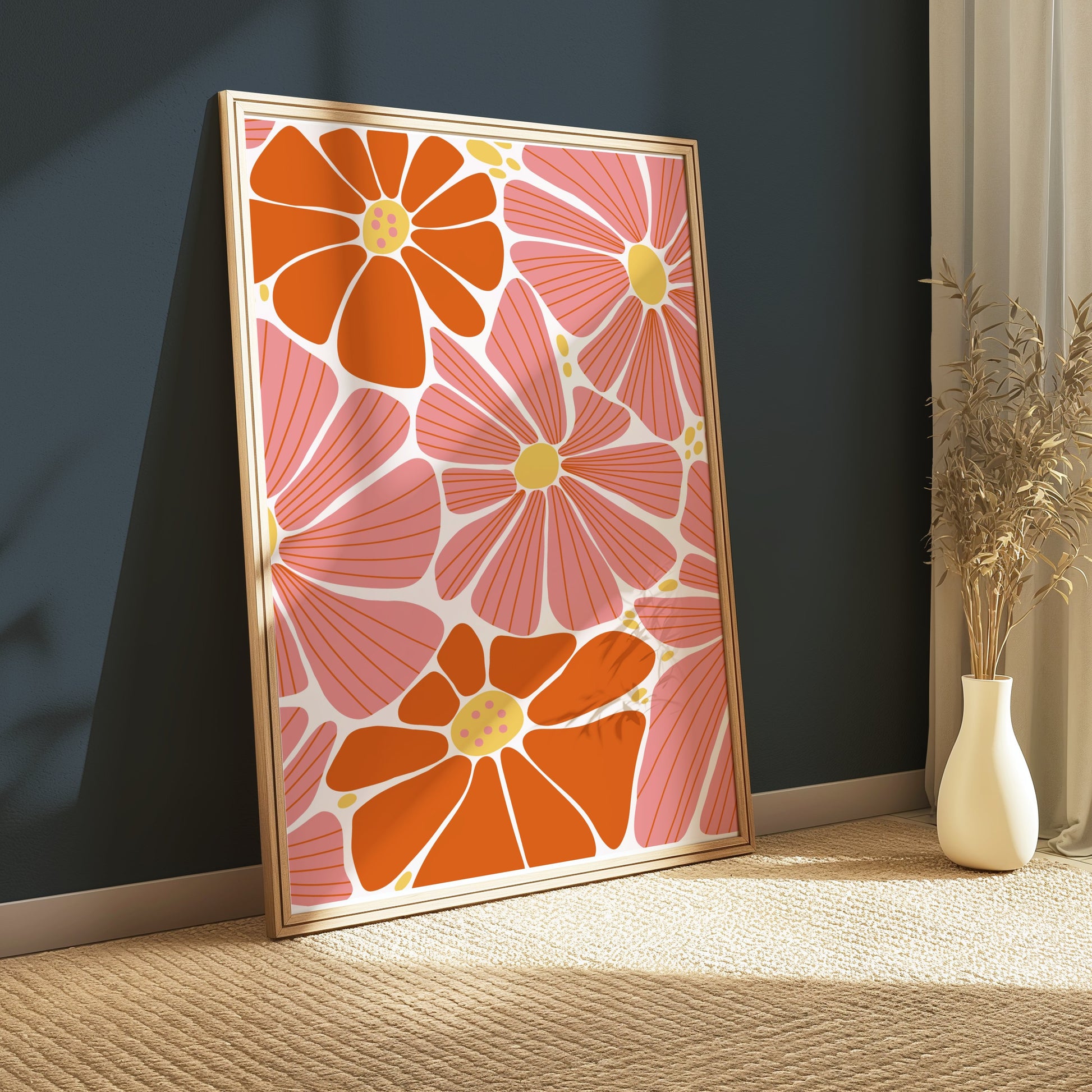 Premium Poster of Vibrant Floral Pattern with Pink and Orange Details Posters