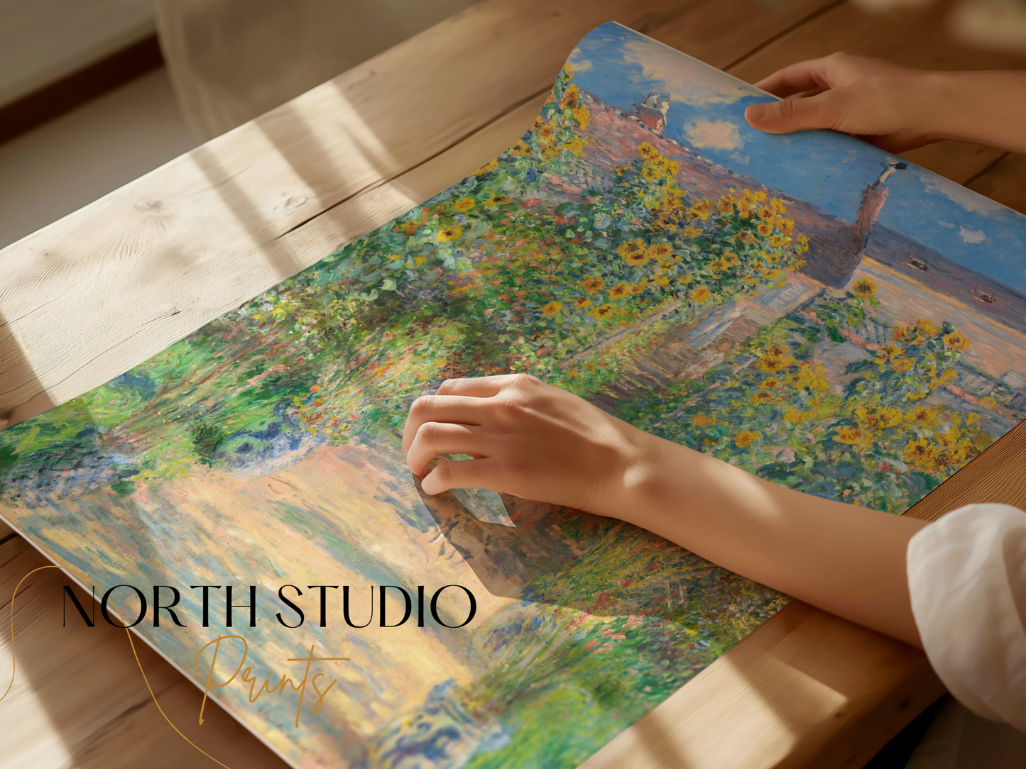 Premium Poster of Vibrant Garden Scene with Sunflowers and House Posters