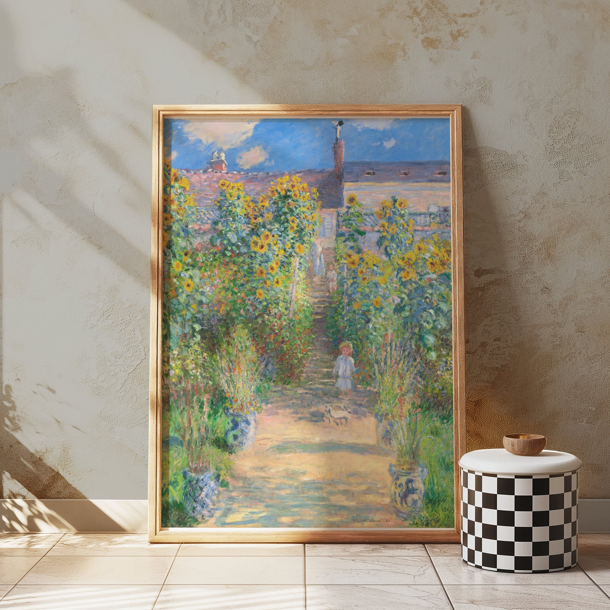 Premium Poster of Vibrant Garden Scene with Sunflowers and House Posters