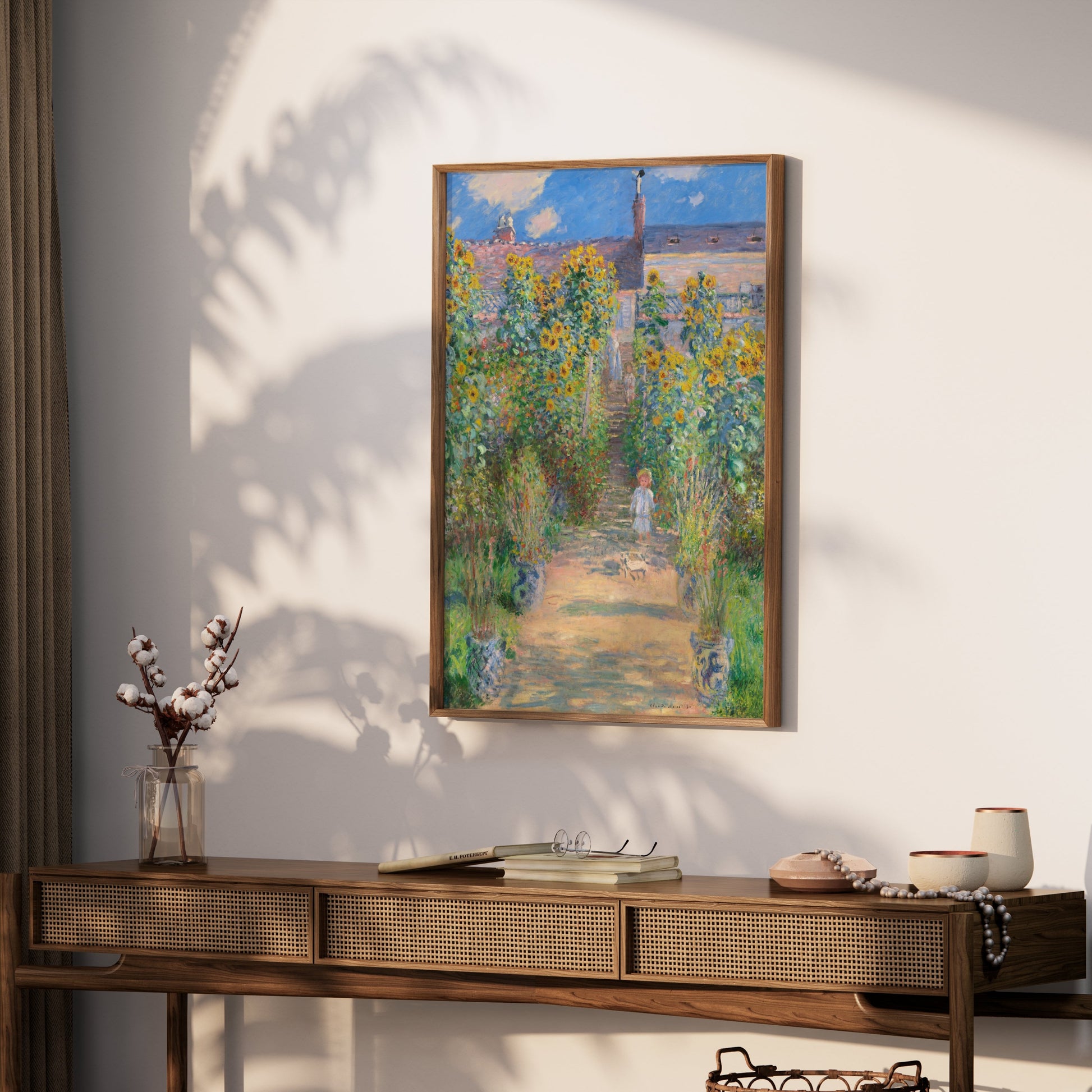 Premium Poster of Vibrant Garden Scene with Sunflowers and House Posters