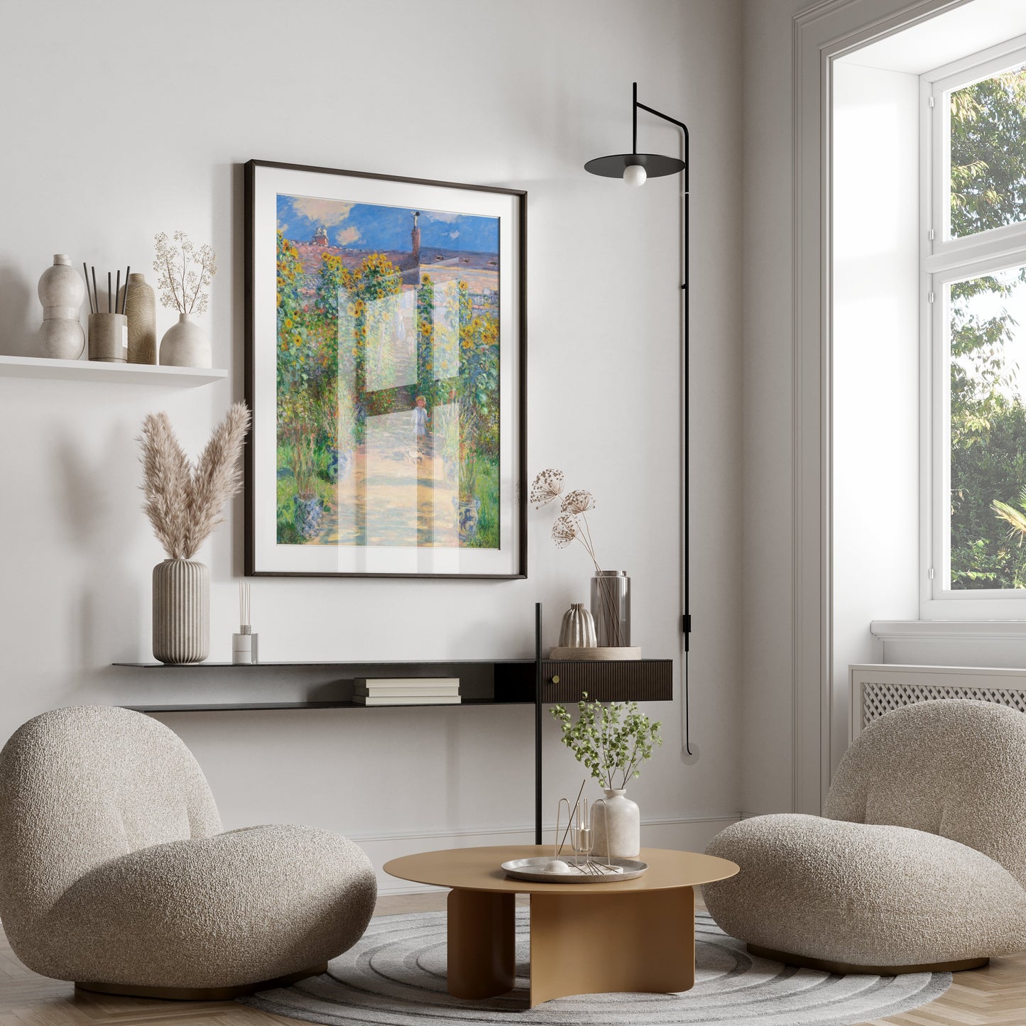 Premium Poster of Vibrant Garden Scene with Sunflowers and House Posters