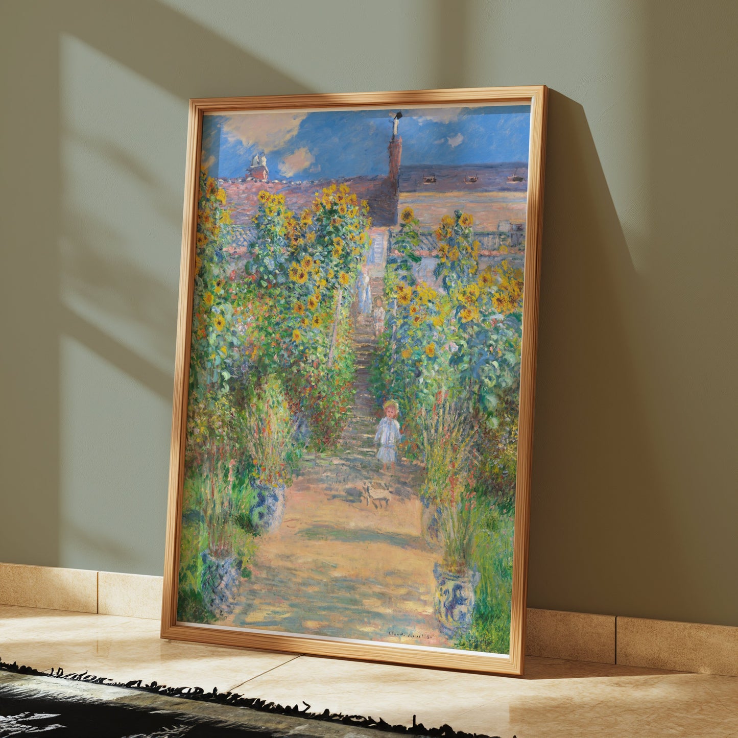 Premium Poster of Vibrant Garden Scene with Sunflowers and House Posters