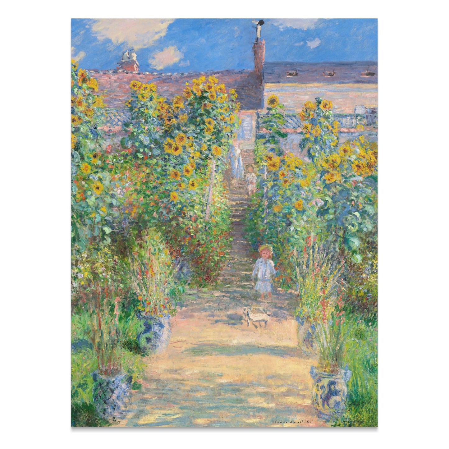 Premium Poster of Vibrant Garden Scene with Sunflowers and House Posters