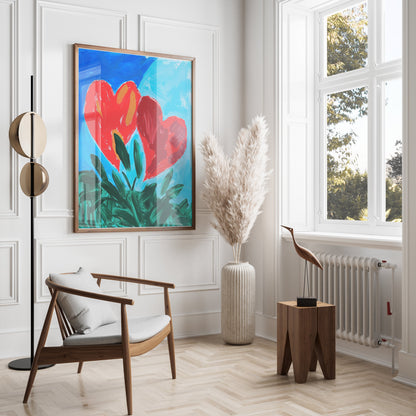 Premium Poster of Vibrant Heart Artwork with Green Leaves Posters