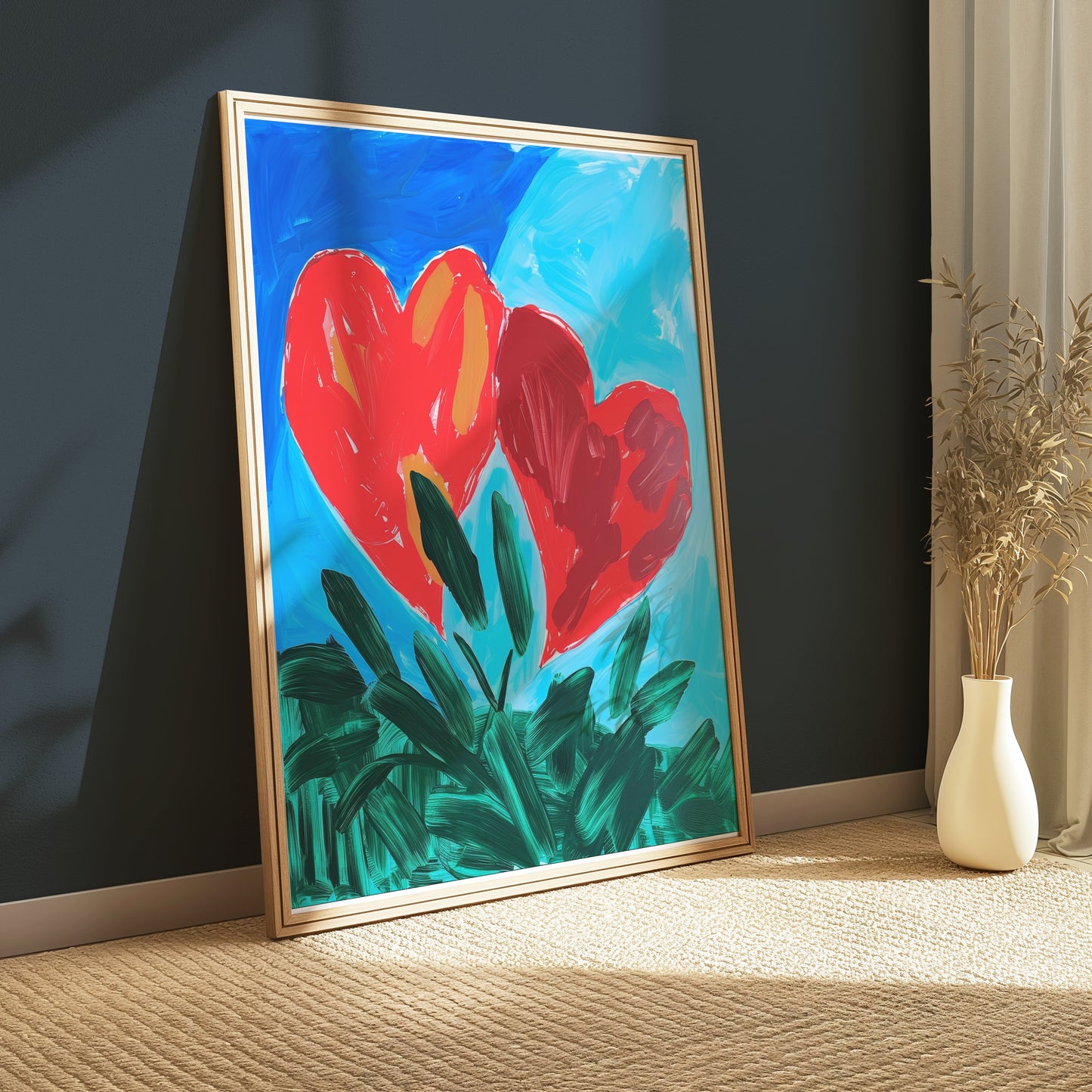Premium Poster of Vibrant Heart Artwork with Green Leaves Posters