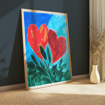 Premium Poster of Vibrant Heart Artwork with Green Leaves Posters