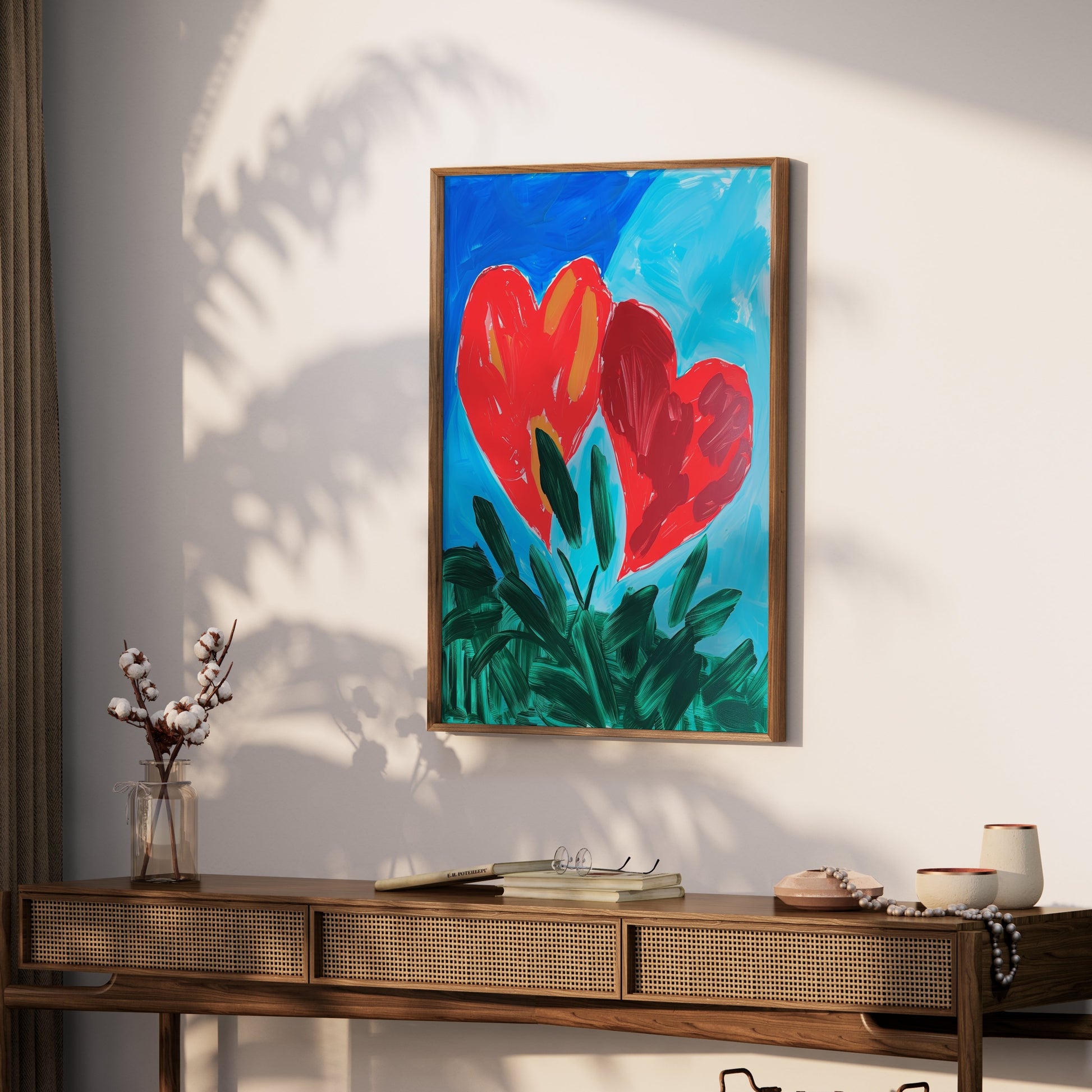 Premium Poster of Vibrant Heart Artwork with Green Leaves Posters