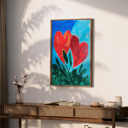 Premium Poster of Vibrant Heart Artwork with Green Leaves Posters