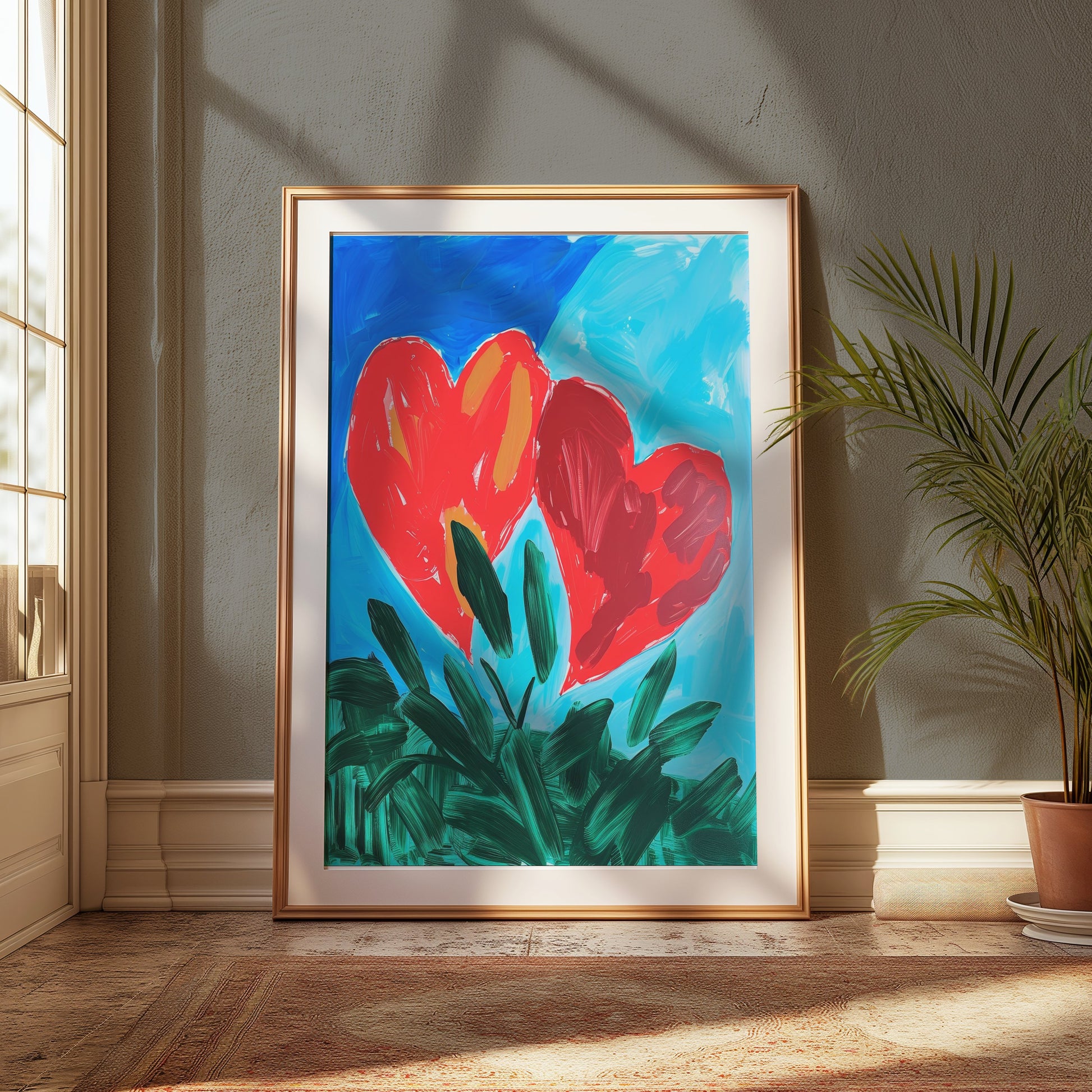 Premium Poster of Vibrant Heart Artwork with Green Leaves Posters