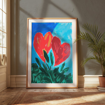 Premium Poster of Vibrant Heart Artwork with Green Leaves Posters