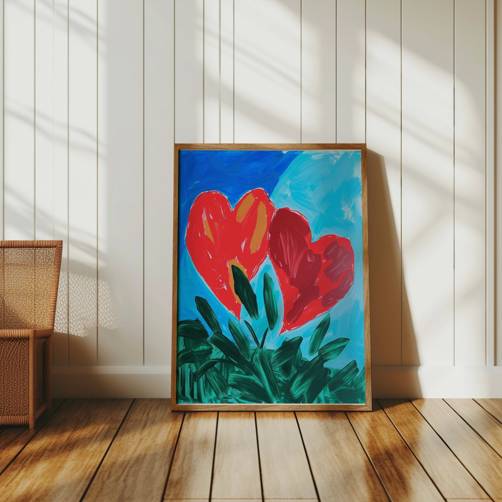 Premium Poster of Vibrant Heart Artwork with Green Leaves Posters