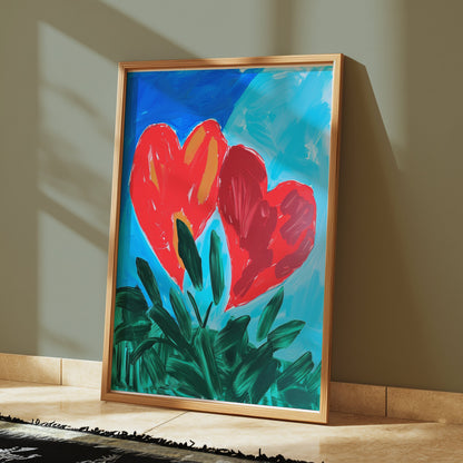 Premium Poster of Vibrant Heart Artwork with Green Leaves Posters