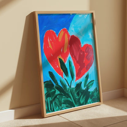 Premium Poster of Vibrant Heart Artwork with Green Leaves Posters
