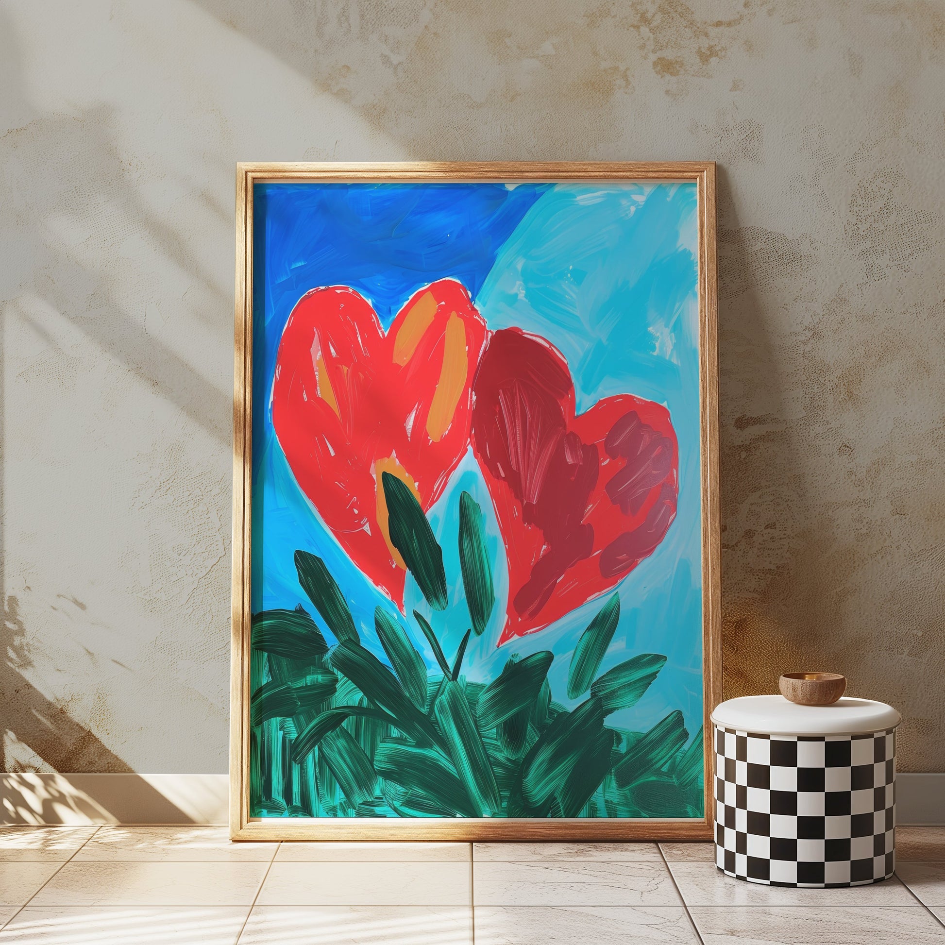 Premium Poster of Vibrant Heart Artwork with Green Leaves Posters