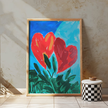 Premium Poster of Vibrant Heart Artwork with Green Leaves Posters