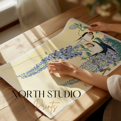 Premium Poster of Vibrant Japanese Artwork of Birds and Wisteria Flower Posters