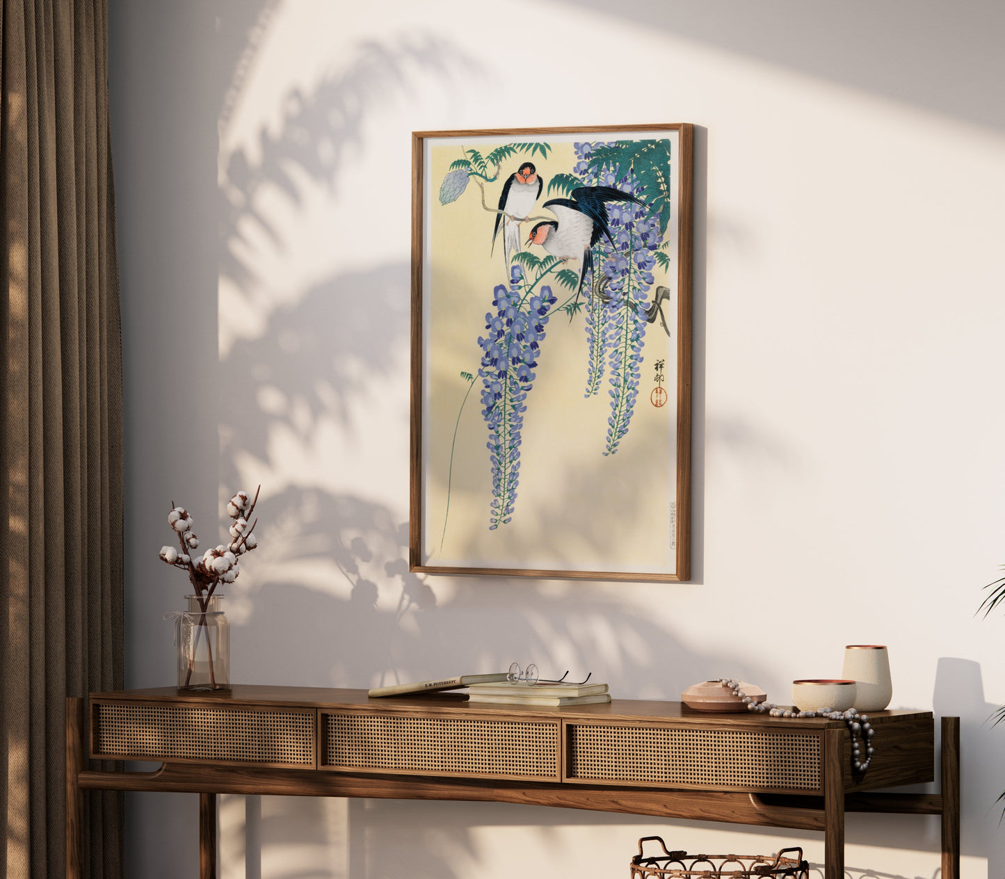 Premium Poster of Vibrant Japanese Artwork of Birds and Wisteria Flower Posters