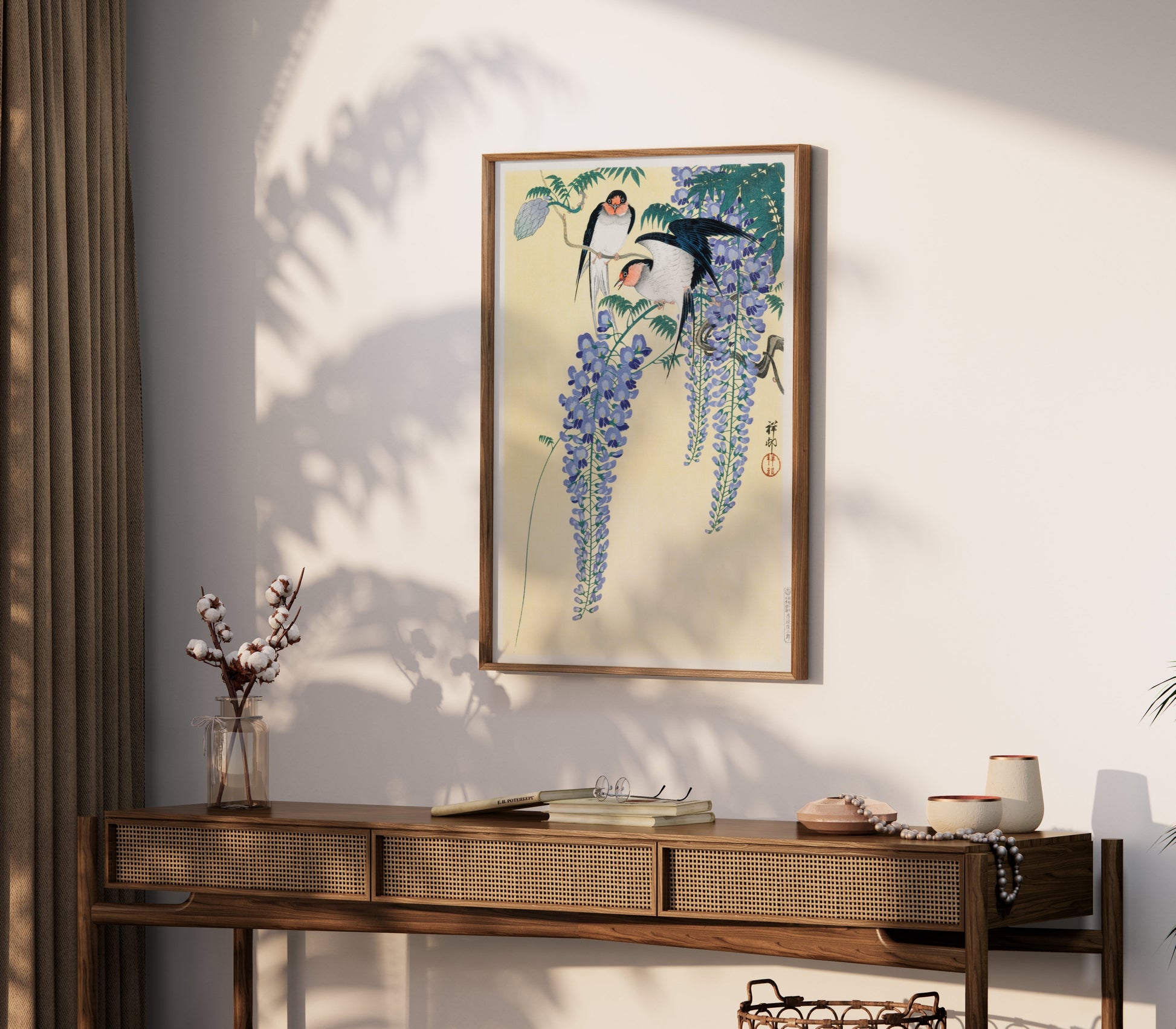 Premium Poster of Vibrant Japanese Artwork of Birds and Wisteria Flower Posters
